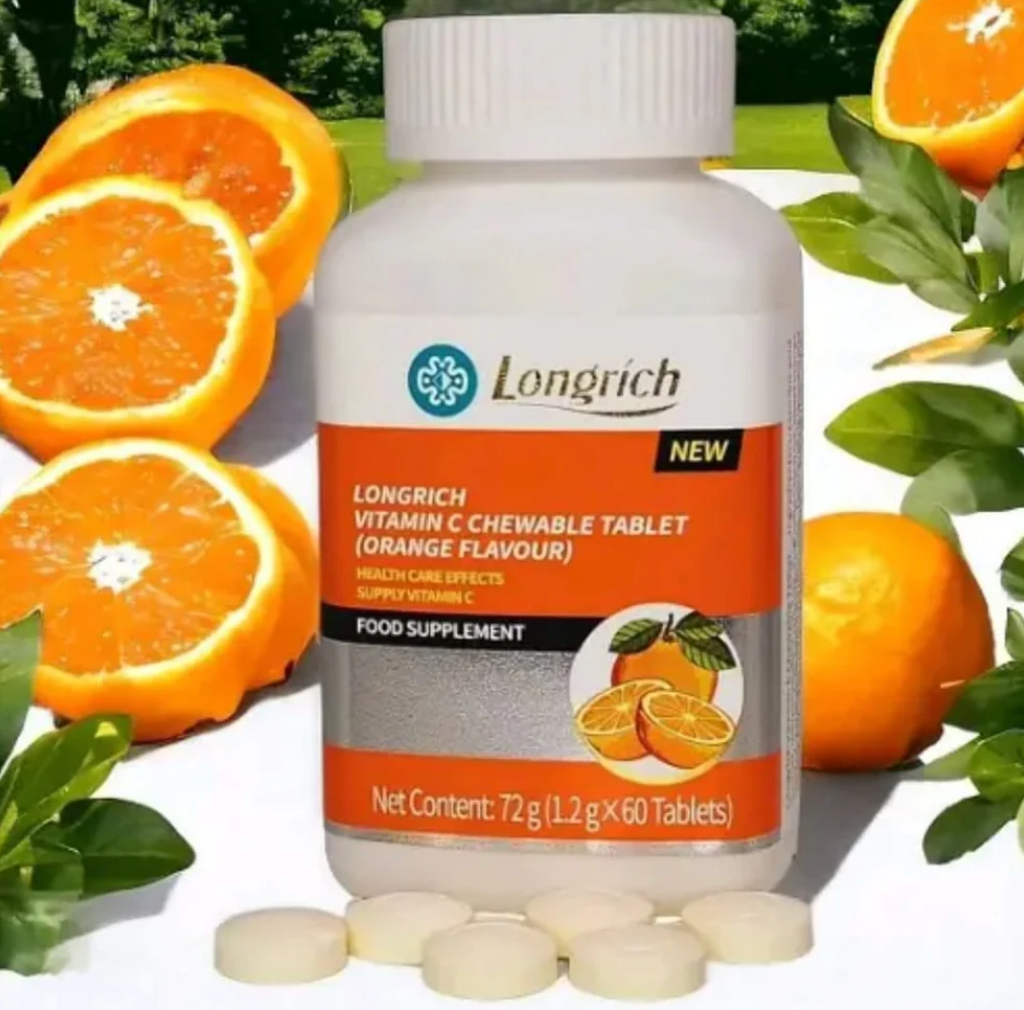 Longrich Vitamin C chewable tablet bottle with oranges and leaves on a white background